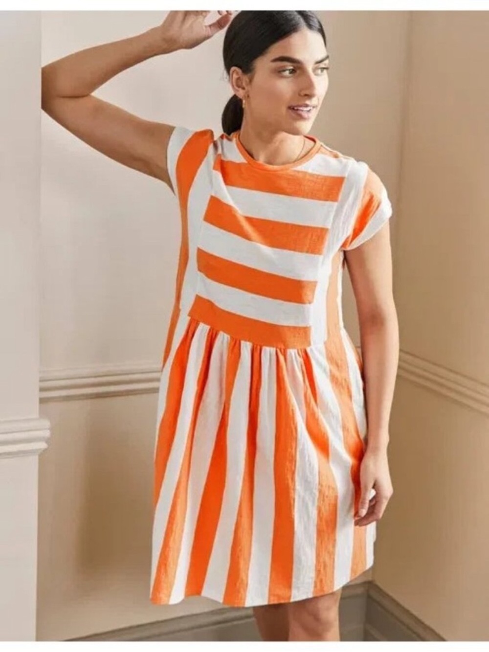 Boden Orange and White Striped Short-Sleeve Dress 8r new color block jersey - Picture 3 of 6